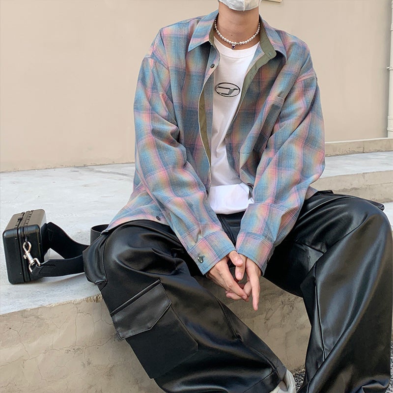 Couples pink plaid shirt Hong Kong style chic mens and womens jacket fashionable brand casual loose striped long sleeve shirt lotus root color 