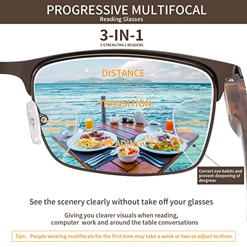 Kafirlo Progressive Multifocal Reading Glasses Men No Line Multifocus Transition Blue Light Blocking Computer Reader Multi Focus Metal Full Wide Frame Spring Hinge Designer Magnifying Eyeglasses 2.00 - Image 4
