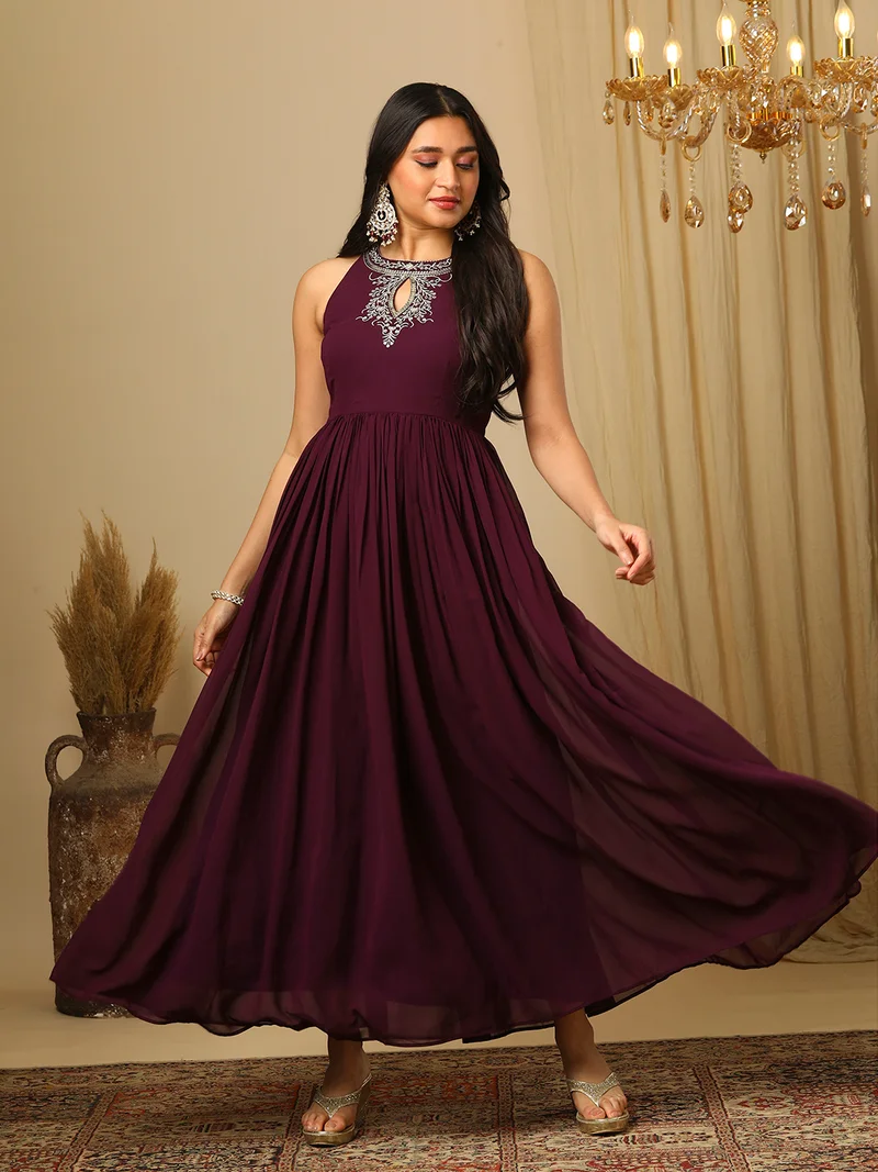 globus Globus Women Embroidered Flared Maxi Ethnic Dress
