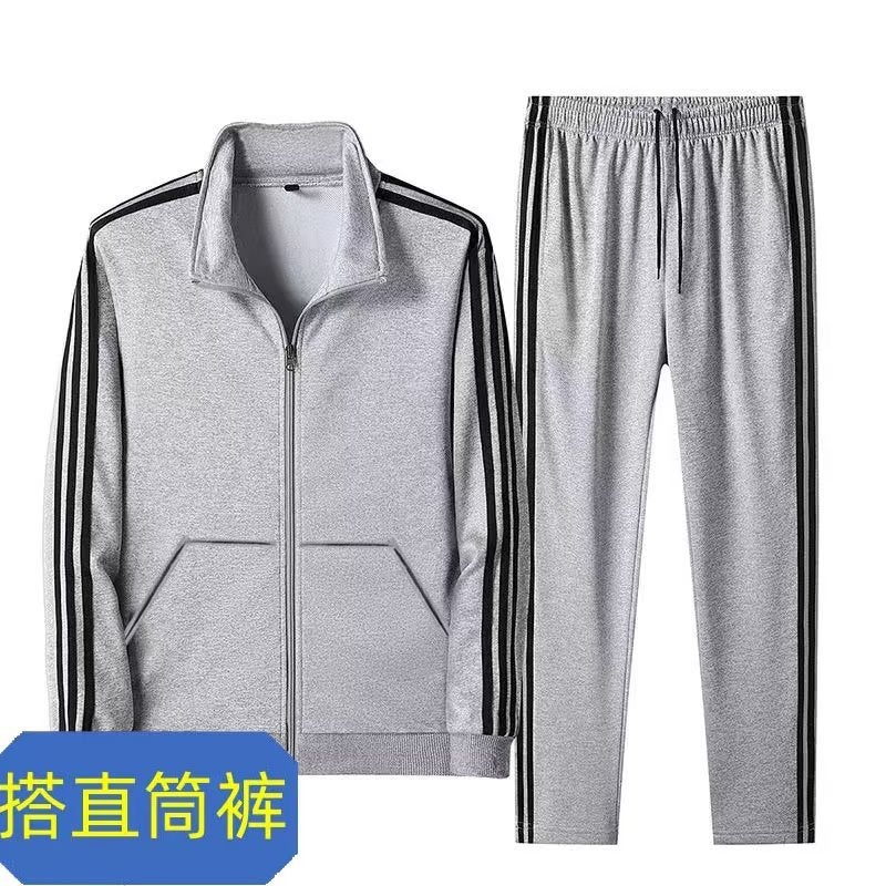 Cross-border 2023 Spring and Autumn New Couple suit Three Bars Fashion Korean Casual Sports Slim Two-piece Set for Men Grey + straight gray pants