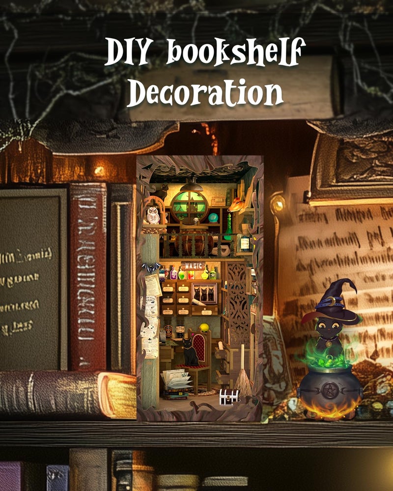 Cutefun Book Nook Kit, DIY Miniature Dollhouse Booknook for Adults, 3D Wooden Puzzle Bookend Bookshelf Insert Decor with LED Light, Gift for Craft Lovers (Magic Pharmacist) - Image 5