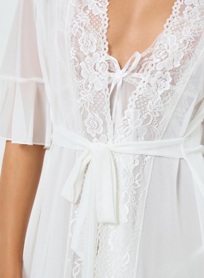 Take Two Lace Patchwork Mesh Flare Sleeve Robe and Slip Dress Set - Image 4
