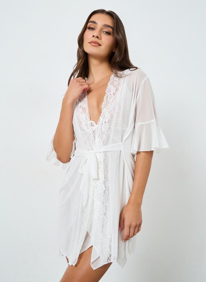 Take Two Lace Patchwork Mesh Flare Sleeve Robe and Slip Dress Set - Image 3