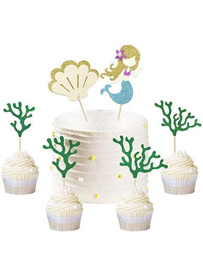 GIFT Mermaid Birthday Cake Toppers Set, Glitter Mermaid Theme Birthday Cake Topper with Seaweed and Mermaid, Cake Cupcake Toppers for Girls Mermaid Themed Birthday Cake Party Decorations (White) - Image 3