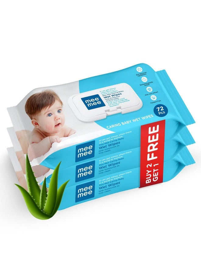 mee mee Caring Baby Wet Wipes With Lid, 72 Pcs (Aloe Vera, Pack Of 3) - Image 1