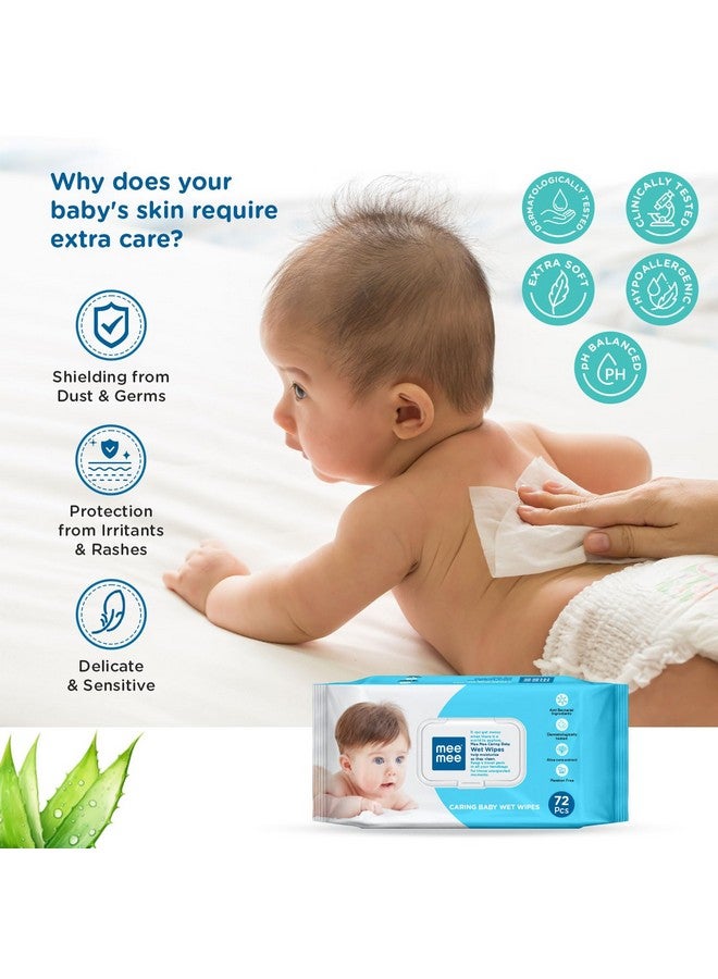 mee mee Caring Baby Wet Wipes With Lid, 72 Pcs (Aloe Vera, Pack Of 3) - Image 3