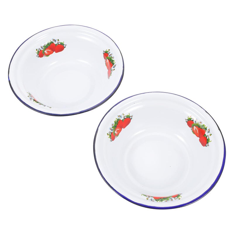 Vintage Strawberry Pattern Enamel Bowls Thickened Large Capacity Food Storage Soup Bowls 2pcs Set - Image 2