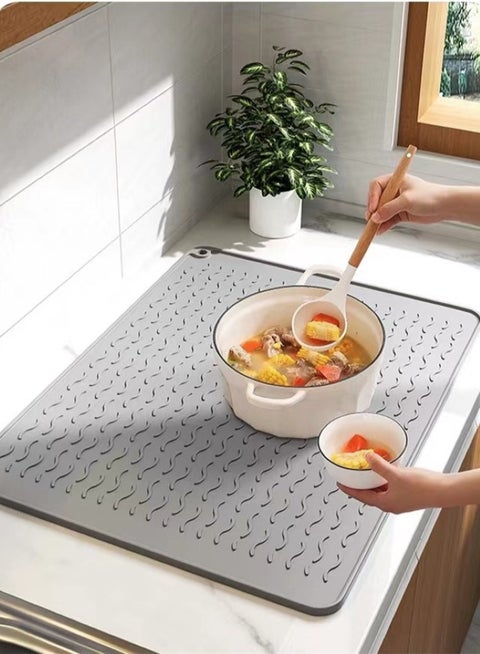 1-Piece Silicone Drying Mat For Kitchen Countertops Dish Drying Mat Cup Drying Mat Heat Proof Mat Grey 30x40 Centimeter
