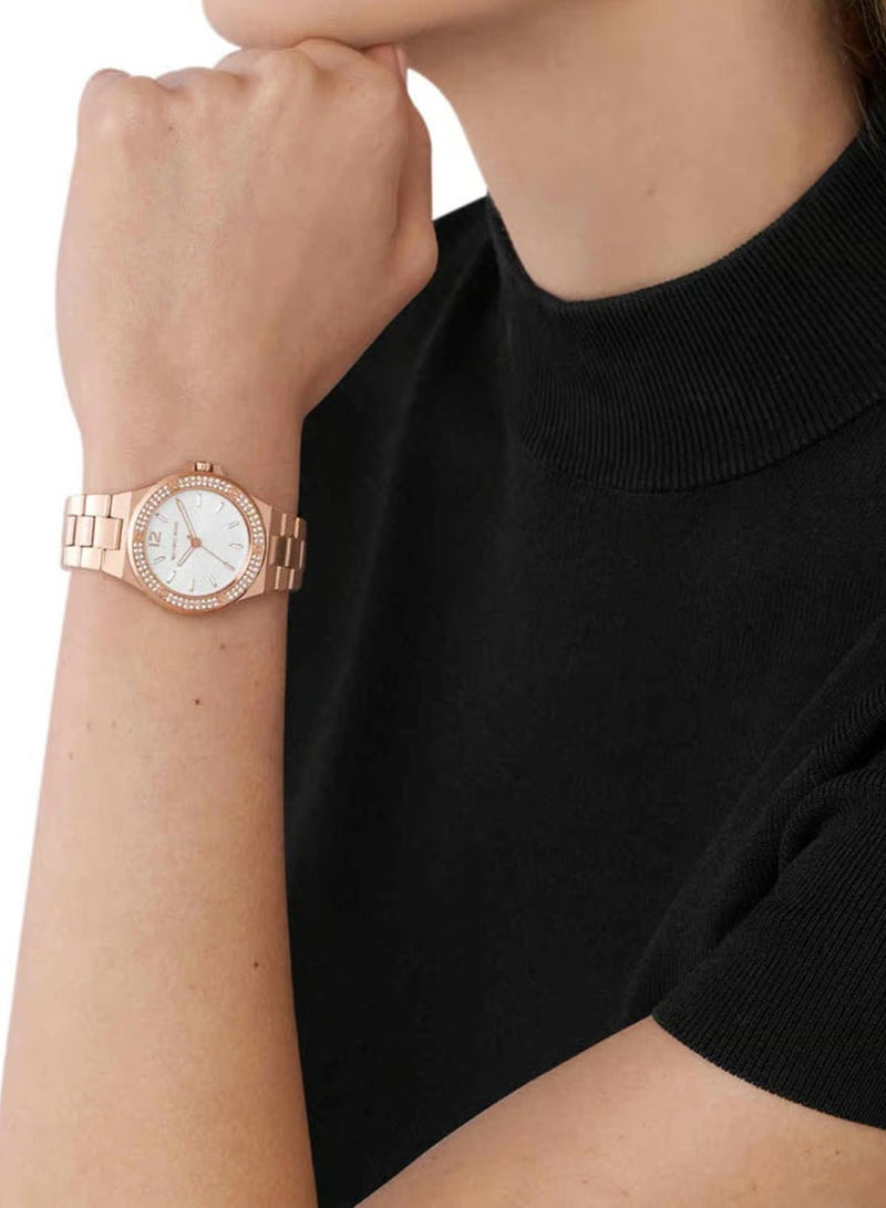 MK Lennox Three Hand White Dial Rose Gold Steel Strap Watch For Women - 7279 - Image 4