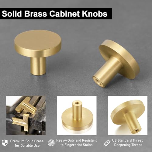 QOGRISUN 2-Pack Solid Brass Cabinet Knobs, 1-3/16-Inch Diameter, Round Gold Dresser Drawer Pulls Handles, Modern Kitchen Hardware, Brushed Brass Finish - Image 2