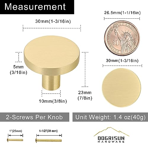 QOGRISUN 2-Pack Solid Brass Cabinet Knobs, 1-3/16-Inch Diameter, Round Gold Dresser Drawer Pulls Handles, Modern Kitchen Hardware, Brushed Brass Finish - Image 3