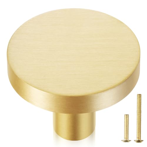 QOGRISUN 2-Pack Solid Brass Cabinet Knobs, 1-3/16-Inch Diameter, Round Gold Dresser Drawer Pulls Handles, Modern Kitchen Hardware, Brushed Brass Finish - Image 1