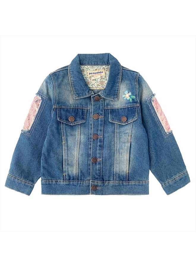 Peacolate 4-11Years Little Big Girls Embroider Birds and Flowers Denim Jacket(5-6Years) - Image 2