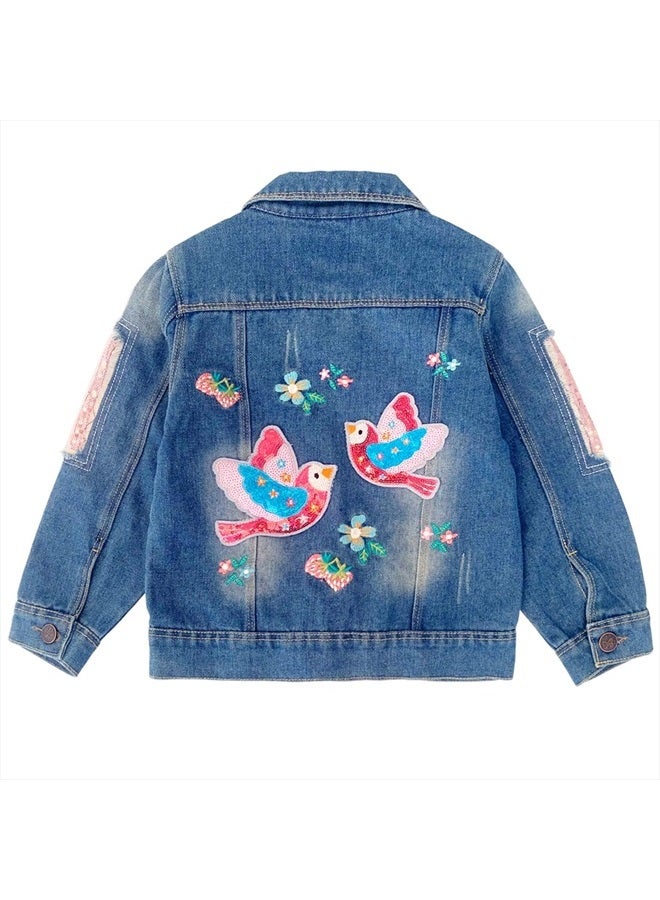 Peacolate 4-11Years Little Big Girls Embroider Birds and Flowers Denim Jacket(5-6Years) - Image 1
