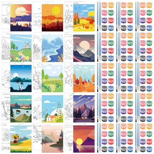 Sherr 75 Pcs 15 Set Sceneries Pre Drawn Canvas Kit for Painting Craft Sip and Paint Kit for Adults Summer Pre Printed Canvas Painting Favor for Virtual DIY Birthday Gifts Adults Date Party - Image 1