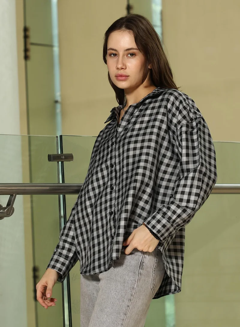 PINACOLADA  Women's Midnight Black & Coin Grey Buffalo-Check Oversized Shirt for Women | Best Price UAE