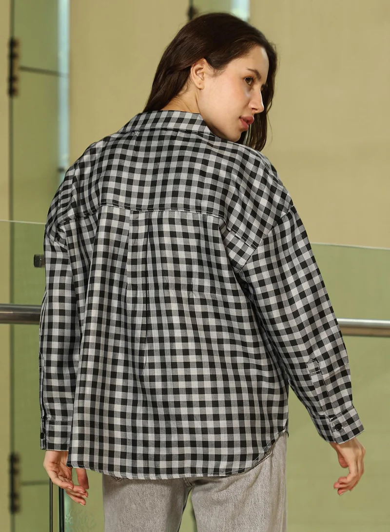 PINACOLADA  Women's Midnight Black & Coin Grey Buffalo-Check Oversized Shirt for Women | Best Price UAE