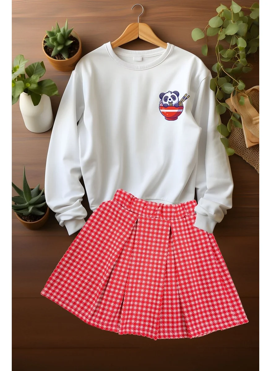 Ada Bebek Çocuk Style Plaid Skirt Panda Patterned Sweat Skirt Top and Bottom Set