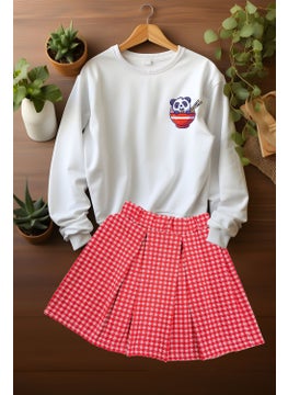 Ada Bebek Çocuk Style Plaid Skirt Panda Patterned Sweat Skirt Top and Bottom Set  - Image 1
