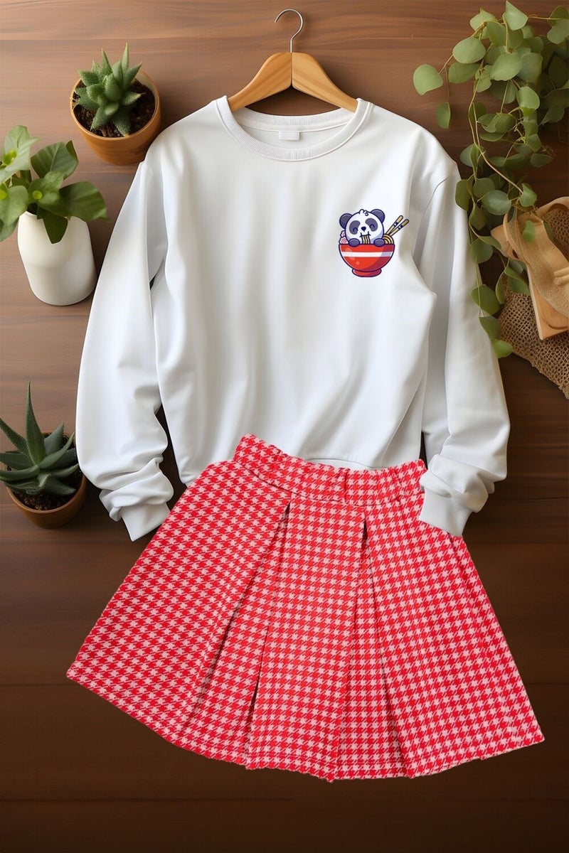 Ada Bebek Çocuk Style Plaid Skirt Panda Patterned Sweat Skirt Top and Bottom Set  - Image 1