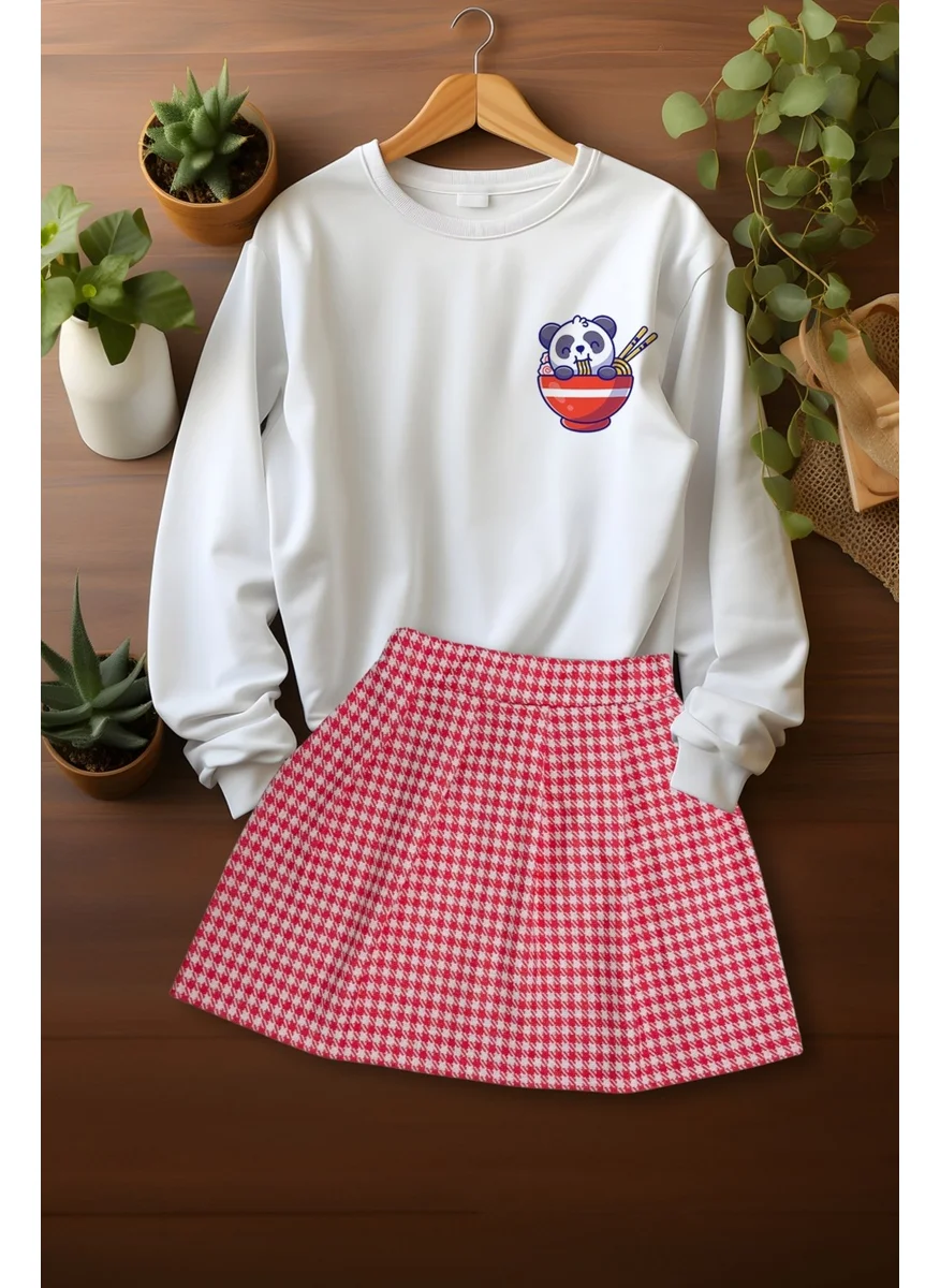 Ada Bebek Çocuk Style Plaid Skirt Panda Patterned Sweat Skirt Top and Bottom Set