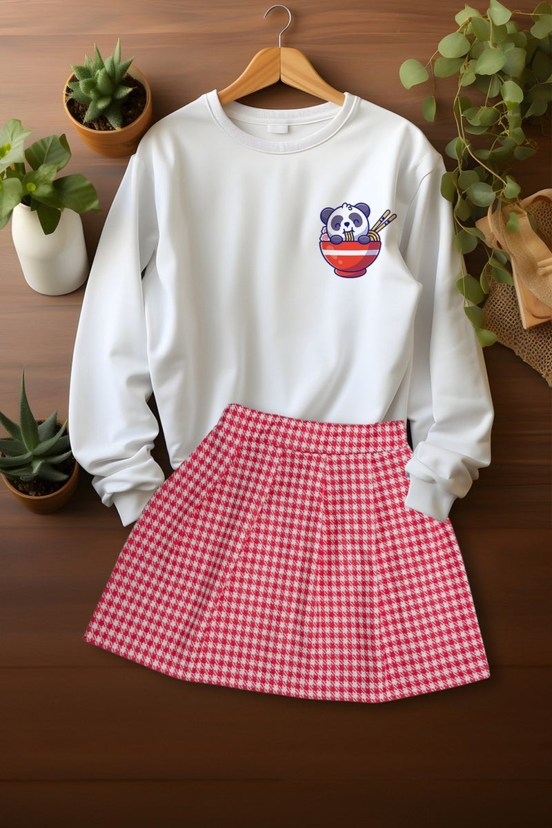 Ada Bebek Çocuk Style Plaid Skirt Panda Patterned Sweat Skirt Top and Bottom Set  - Image 2