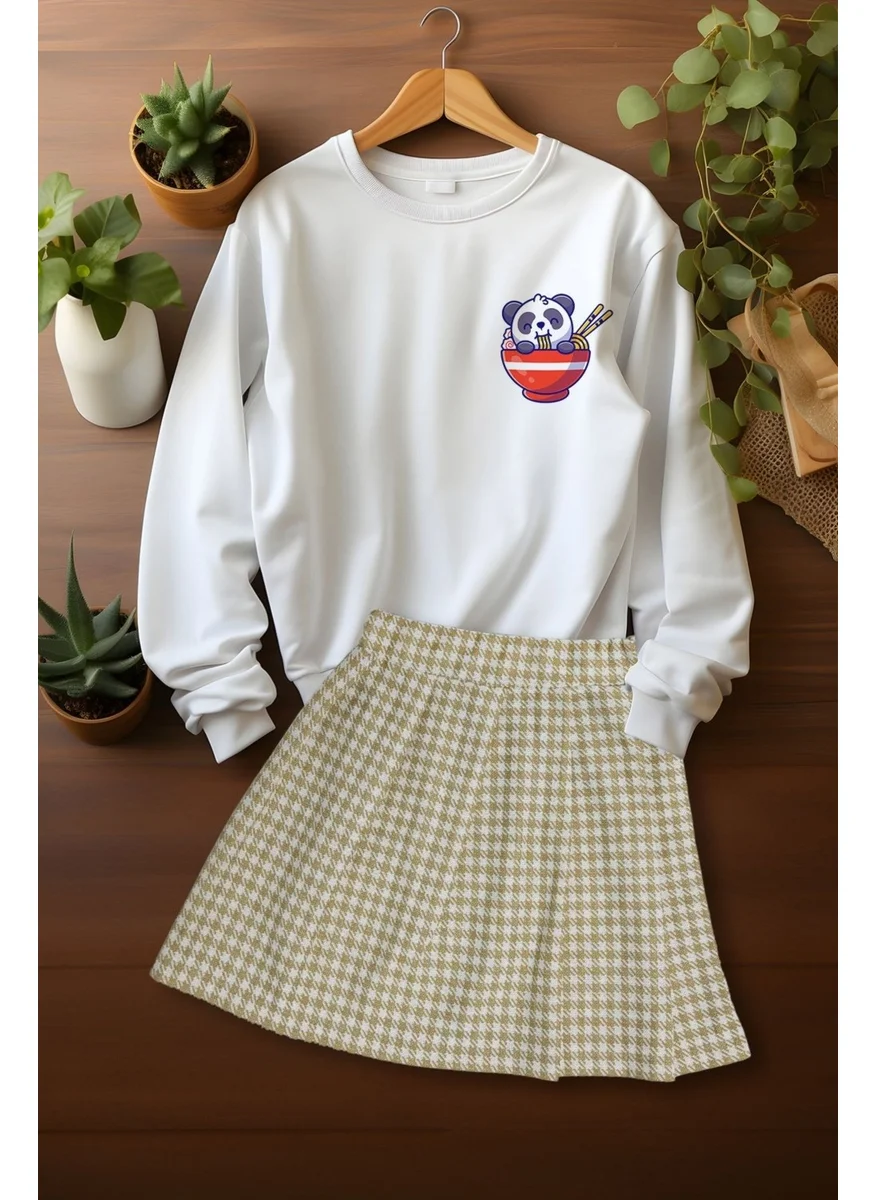 ادا بيبيك تشوكوك Style Plaid Skirt Panda Patterned Sweat Skirt Top and Bottom Set