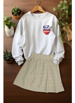 Ada Bebek Çocuk Style Plaid Skirt Panda Patterned Sweat Skirt Top and Bottom Set  - Image 3