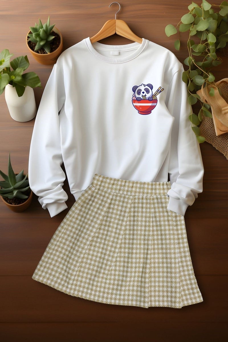 Ada Bebek Çocuk Style Plaid Skirt Panda Patterned Sweat Skirt Top and Bottom Set  - Image 3