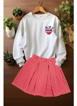 Ada Bebek Çocuk Style Plaid Skirt Panda Patterned Sweat Skirt Top and Bottom Set  - Image 4