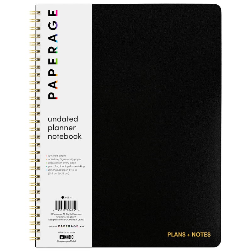 PAPERAGE Undated Daily Planner & To Do List Notepad (Black), 8.5 in x 11 in, Spiral Bound Planner Notebook for Work, School or Home, 104 Lined Pages With Date Tracker for Plans & Notes - Image 1