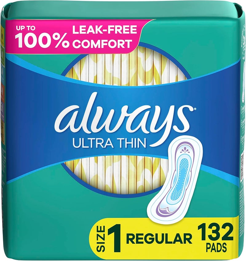 Always Ultra Thin Pads for Women, Size 1 Regular Absorbency Without Wings Unscented, 44 Count x 3 Packs (132 Count total)