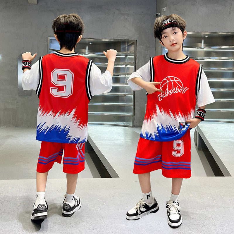 2024 Summer Children'S Short-Sleeved Ball Suit Youth Vitality Sports Boys' Fake Two-Piece T-Shirt Shorts Training Suit - Image 4