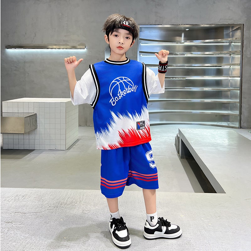 2024 Summer Children'S Short-Sleeved Ball Suit Youth Vitality Sports Boys' Fake Two-Piece T-Shirt Shorts Training Suit - Image 5