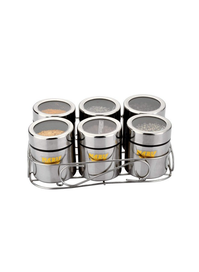MARU مارو 6 في 1 علبة توابل متعددة الاستخدامات من الفولاذ المقاوم للصدأ | صندوق توابل للمطبخ | علبة توابل فولاذية | 6 برطمانات مع 6 ملاعق وحامل سلك أنيق بحجم صغير 175 مل لكل منها | سعة إجمالية 1050 مل فضي - Image 3