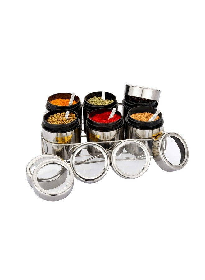 MARU مارو 6 في 1 علبة توابل متعددة الاستخدامات من الفولاذ المقاوم للصدأ | صندوق توابل للمطبخ | علبة توابل فولاذية | 6 برطمانات مع 6 ملاعق وحامل سلك أنيق بحجم صغير 175 مل لكل منها | سعة إجمالية 1050 مل فضي - Image 1