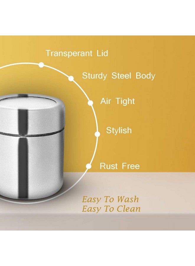 MARU مارو 6 في 1 علبة توابل متعددة الاستخدامات من الفولاذ المقاوم للصدأ | صندوق توابل للمطبخ | علبة توابل فولاذية | 6 برطمانات مع 6 ملاعق وحامل سلك أنيق بحجم صغير 175 مل لكل منها | سعة إجمالية 1050 مل فضي - Image 5