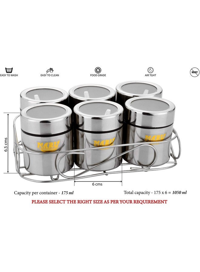 MARU مارو 6 في 1 علبة توابل متعددة الاستخدامات من الفولاذ المقاوم للصدأ | صندوق توابل للمطبخ | علبة توابل فولاذية | 6 برطمانات مع 6 ملاعق وحامل سلك أنيق بحجم صغير 175 مل لكل منها | سعة إجمالية 1050 مل فضي - Image 2