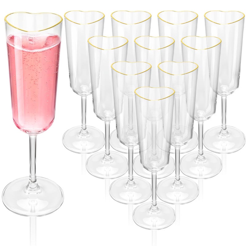 Potchen 12 Pcs Valentine's Day Heart Shape Plastic Champagne Flute Glasses with Gold Rim Gift Set 5 oz Elegant Clear Cocktail Toasting Glasses Wine Cup Bulk for Wedding Bridal Birthdays Party Supplies - Image 1
