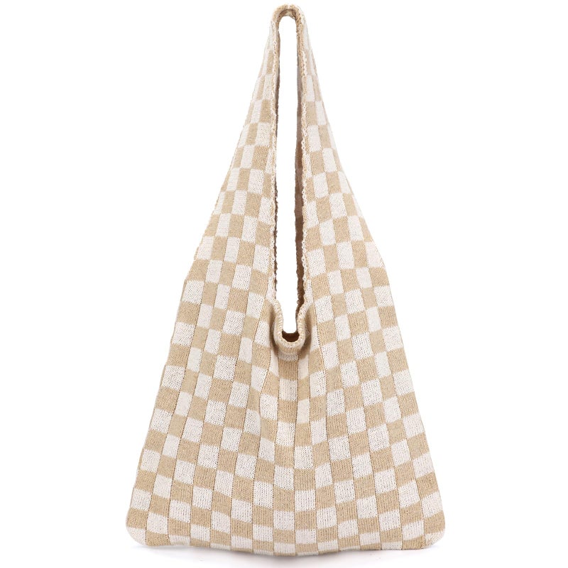hatisan Crochet Bags for Women - Summer Beach Tote, Aesthetic Hippie Knit Bag (Khaki Checkered-A) - Image 1