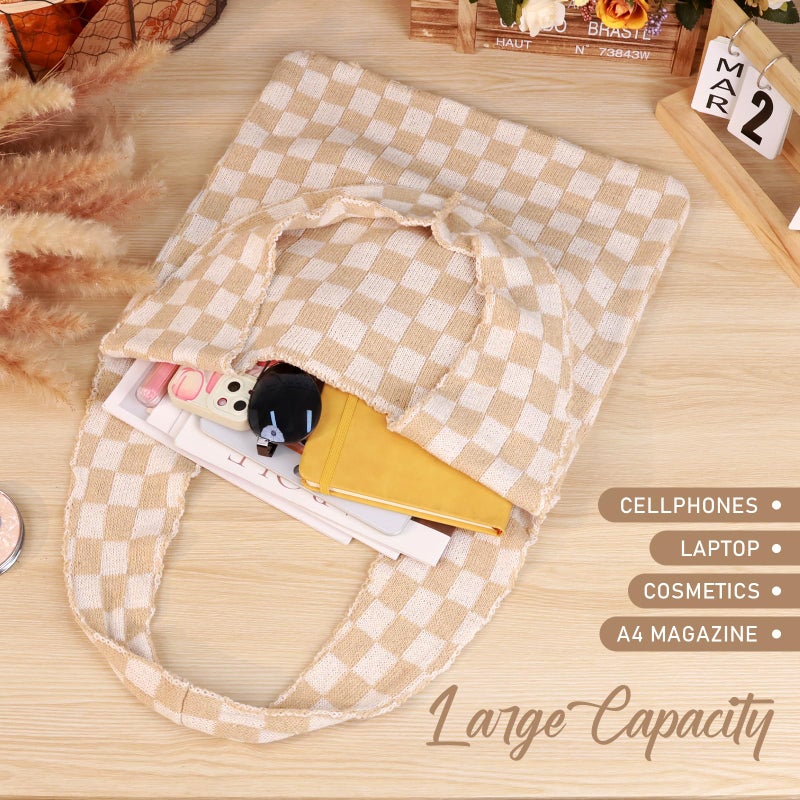 hatisan Crochet Bags for Women - Summer Beach Tote, Aesthetic Hippie Knit Bag (Khaki Checkered-A) - Image 3