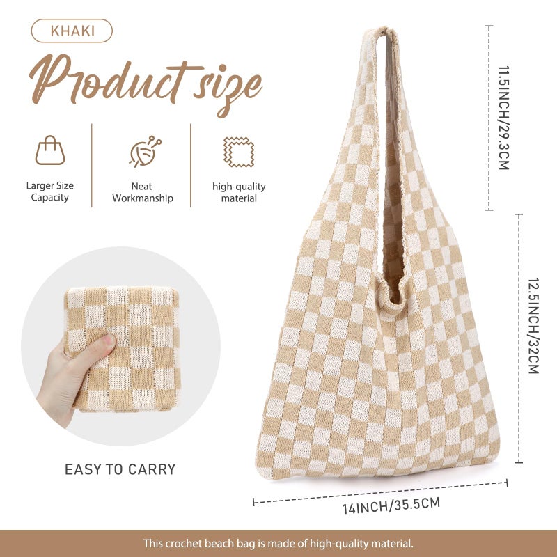 hatisan Crochet Bags for Women - Summer Beach Tote, Aesthetic Hippie Knit Bag (Khaki Checkered-A) - Image 4