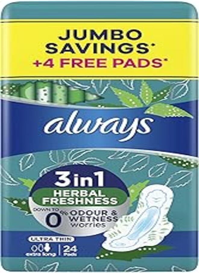 Always Always ultra 3in1 herbal freshness, ultra thin, extra long sanitary pad with wings, 24 pad count. 