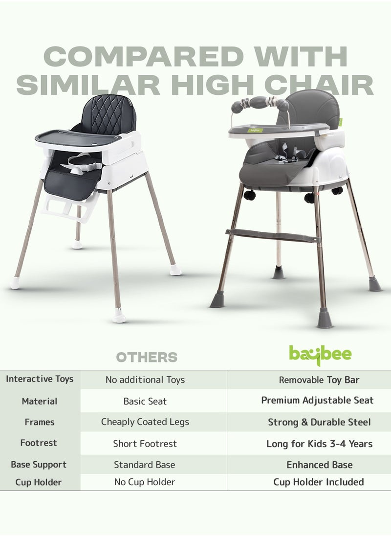 BAYBEE 4 In 1 Nora Convertible High Chair For Kids With Adjustable Height And Footrest Baby Toddler Feeding Booster Seat With Tray Safety Belt Kids High Chair For Baby 6 Months To 4 Years Grey  - Image 2