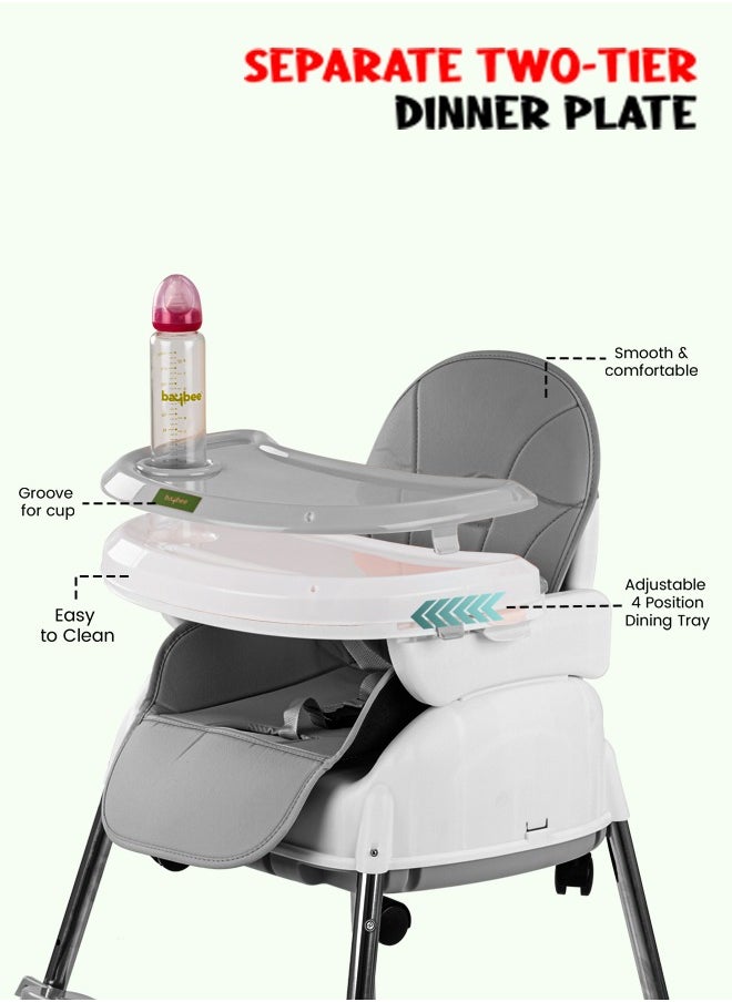 BAYBEE - 4 In 1 Nora Convertible High Chair For Kids With Adjustable Height And Footrest Baby Toddler Feeding Booster Seat With Tray Safety Belt Kids High Chair For Baby 6 Months To 4 Years Grey - Image 1