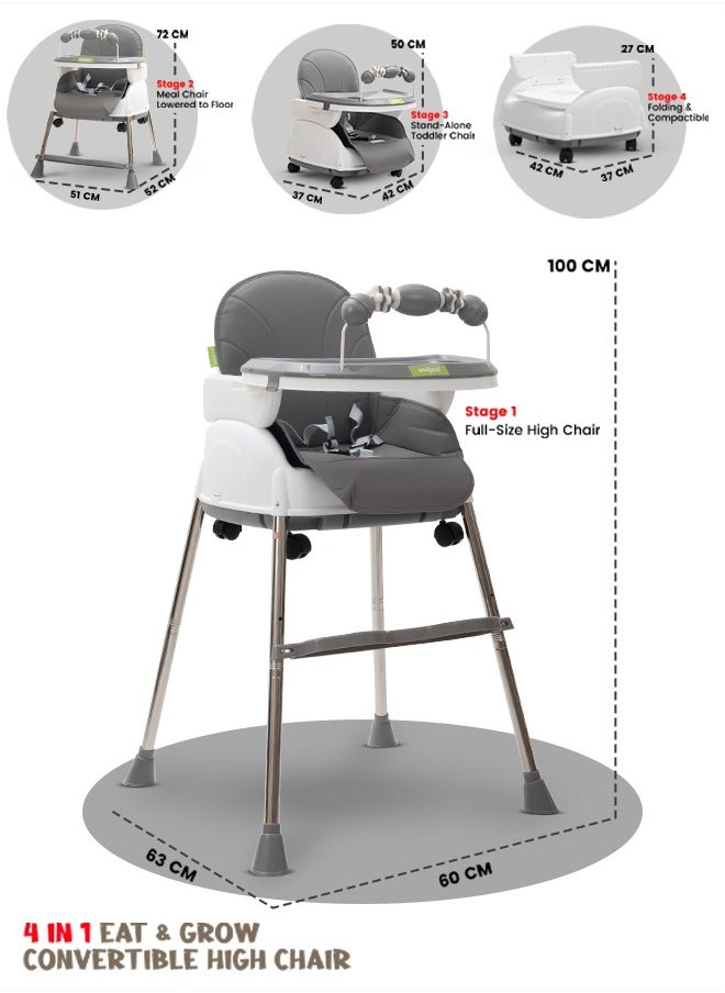 BAYBEE - 4 In 1 Nora Convertible High Chair For Kids With Adjustable Height And Footrest Baby Toddler Feeding Booster Seat With Tray Safety Belt Kids High Chair For Baby 6 Months To 4 Years Grey - Image 1