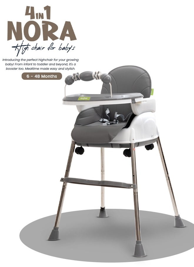 BAYBEE - 4 In 1 Nora Convertible High Chair For Kids With Adjustable Height And Footrest Baby Toddler Feeding Booster Seat With Tray Safety Belt Kids High Chair For Baby 6 Months To 4 Years Grey - Image 1
