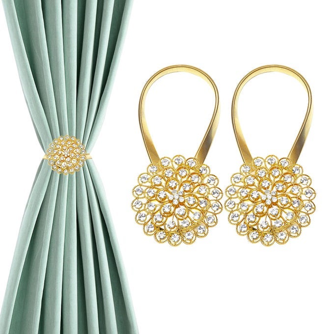 Magnetic Curtain Tiebacks Window Curtain Clips with Stretchy Metal Rope for Home Office Outdoor Decor Curtain Holder Holdbacks 2 Pack Window Drape Holdbacks Gold Diamond Flower