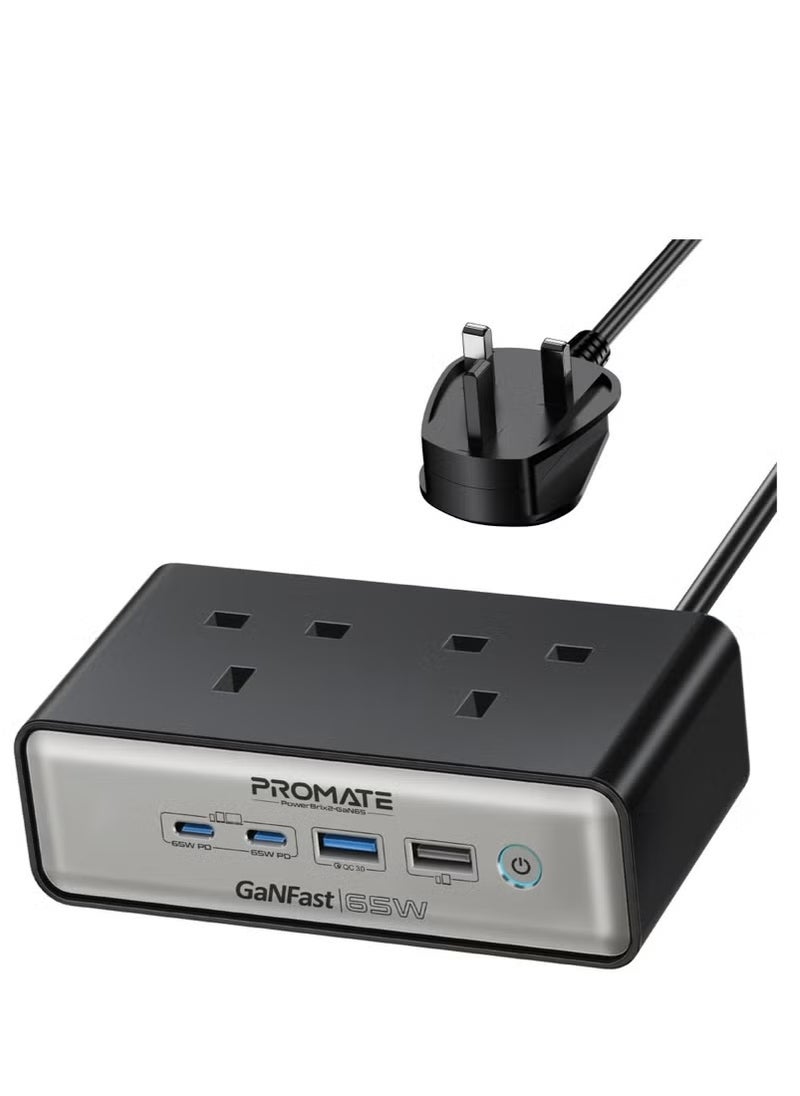 PROMATE Charging Station, 6-in-1 Multi-Port 65W GaNFast Power Extension with Dual 3250W AC Sockets, Dual 65W USB-C Power Delivery Ports, 60W Black  - Image 1