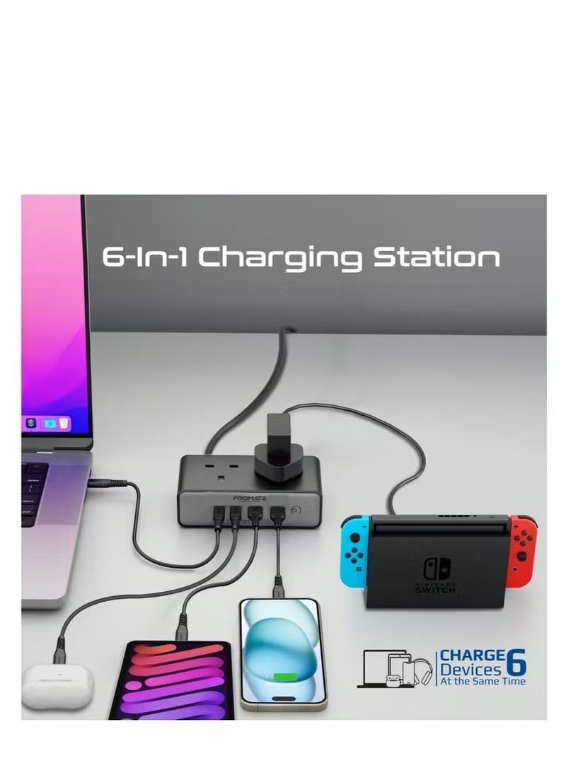 PROMATE Charging Station, 6-in-1 Multi-Port 65W GaNFast Power Extension with Dual 3250W AC Sockets, Dual 65W USB-C Power Delivery Ports, 60W Black  - Image 2